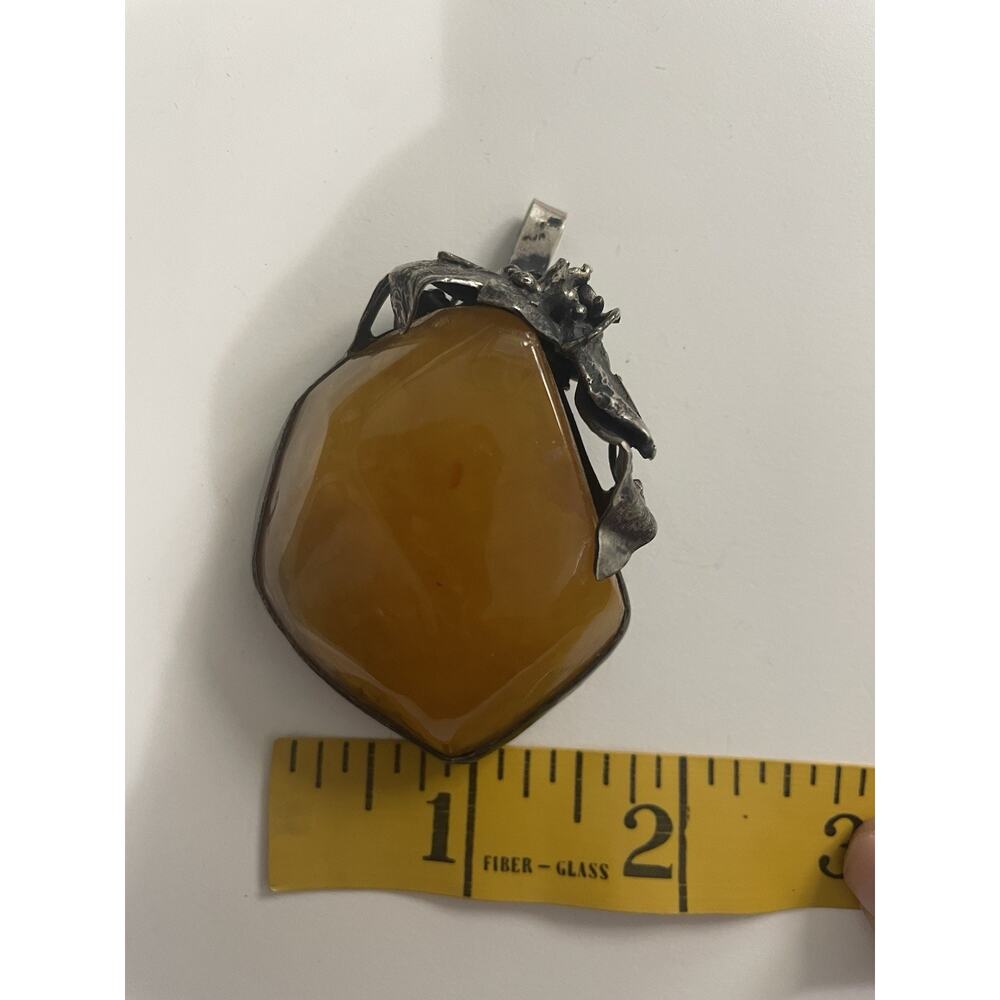 Vintage Baltic Amber Artisan Pendant Sterling Silver Frame Floral Leaf Motif 2” - Picture 5 of 8